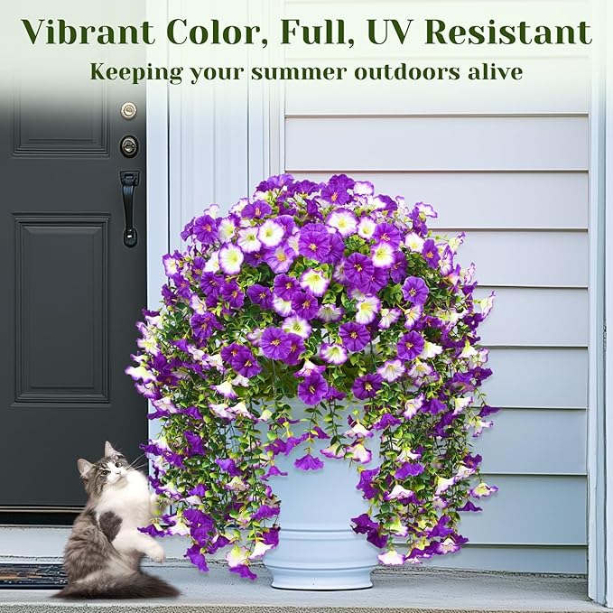 Dolicer 4 Packs Look Real Artificial Flowers for Outdoors, Fake Artificial Hanging Flowers for Outdoors Realistic UV Resistant Hanging Flowers Silk Petunia Faux Flowers for Porch Patio (Mixed Purple)