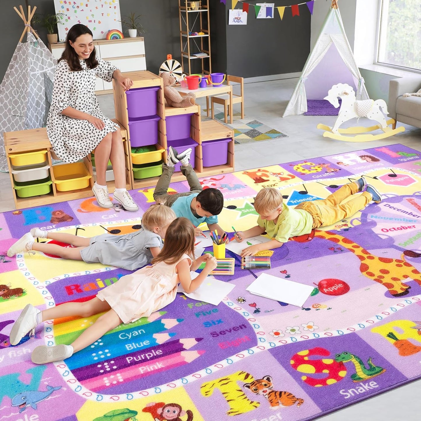 Kids Rugs for Playroom Bedroom Classroom Nursery, Non-Slip and Washable Rugs for Children Toddlers Girls, Educational and Fun Rug Carpets with ABC Alphabet Animals Shapes, 7x10, Purple