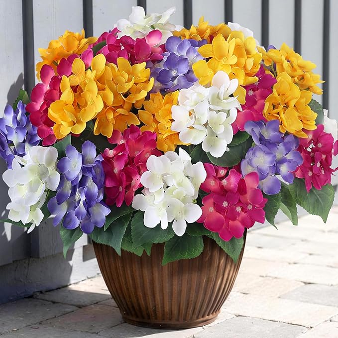 FOTEEWL 8 Bundles Artificial Hydrangea Flowers for Outdoor Decor, Realistic Faux Silk Bouquets Sun-Resistant Fake Plants for Front Door Balcony Farmhouse Garden Home Spring Summer Decor (Mixed Color)