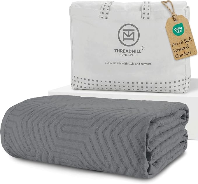 Threadmill Luxury Cotton Blankets for King Size Bed | All-Season Cozy 100% Cotton King Size Blanket | Aster Jacquard Soft & Lightweight Coverlet fits California King Size Bed, 104x92 | Dark Grey