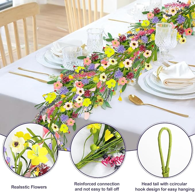 2Pcs 6 ft Artificial Wildflower Garlands Wisteria Lavender Garland Daisy Lavender Faux Floral Vine Summer Spring Floral Fake Wreath All Year Round Home Decor for Indoor Outdoor Home Wedding Arch