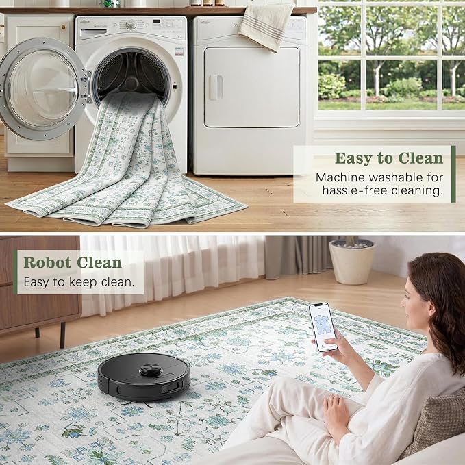 DCX 2x6 Runner Rug, Small Vintage Boho Area Rug, Washable Non Slip Rug Runner Carpet for Kitchen Floor, Hallway, Laundry, Bedroom Low Pile Soft Pastel Runner Green and Cream