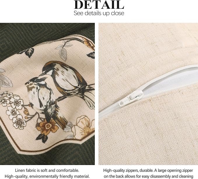 ISAENNE Vintage Linen Square Throw Pillow Cover,Set of 2,18"x18"-Murad E | Designer French Green Pillow Cover,Concealed Zipper Design,Floral and Bird Pattern,Sofa,Bedroom,Living Room,Lounge Chairs