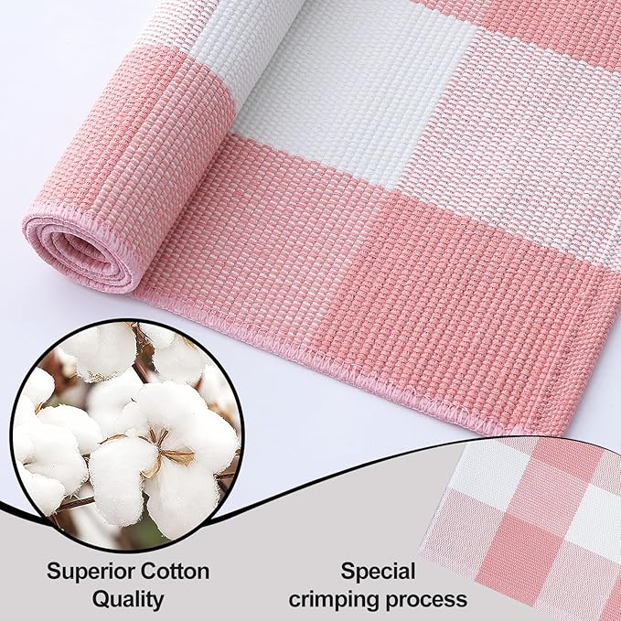 OLANLY Buffalo Plaid Rug 3' x 5' – Pink and White Cotton Checkered Doormat, Washable Indoor Outdoor Rug for Layered Front Porch, Kitchen, Entryway Decor