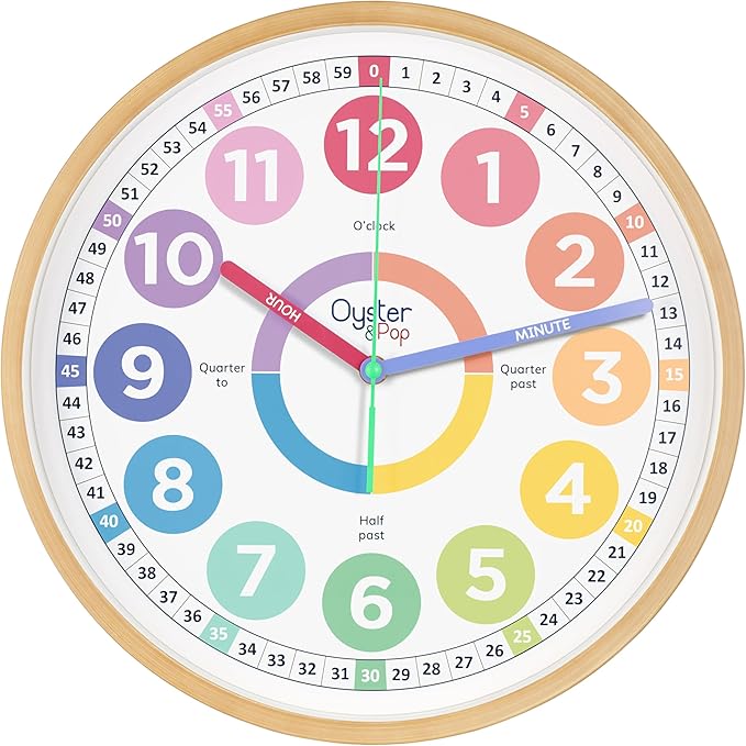 Large Pastel Kids Learning Clock – Award-Winning 14" Silent Non-Ticking Analog Wall Clock for Classroom & Kids Bedroom – Cute Colorful Room Decor & Educational Tool – Includes Teaching Time E-Book