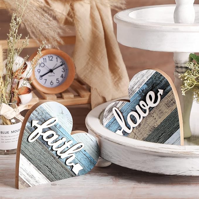 Jetec 2 Pcs Rustic Wooden Heart Table Decor, Daisy Farmhouse Home Decor, Bless This Home & Be Kind Sign for Living Room, Dining Room, Shelf & Mantel, Ideal Housewarming & Birthday Gift(Love Style)