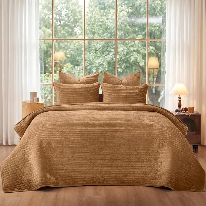 PHF Luxury Velvet Quilt Set King Size – 3PCS Ultra Soft Quilted Comforter Alternative with Striped Channel, Cozy Quilted Bedspread, 1 Coverlet with 2 Matching Shams, 108" x 92", Rusty Burnt Orange