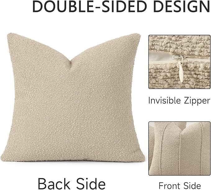 YCOLL Textured Boucle Throw Pillow Covers 24x24 Pack of 2 - Soft Neutral Striped Cushion Covers, Cozy Accent Decorative Pillow Covers for Couch, Sofa, Bed, Living Room (Oatmeal)
