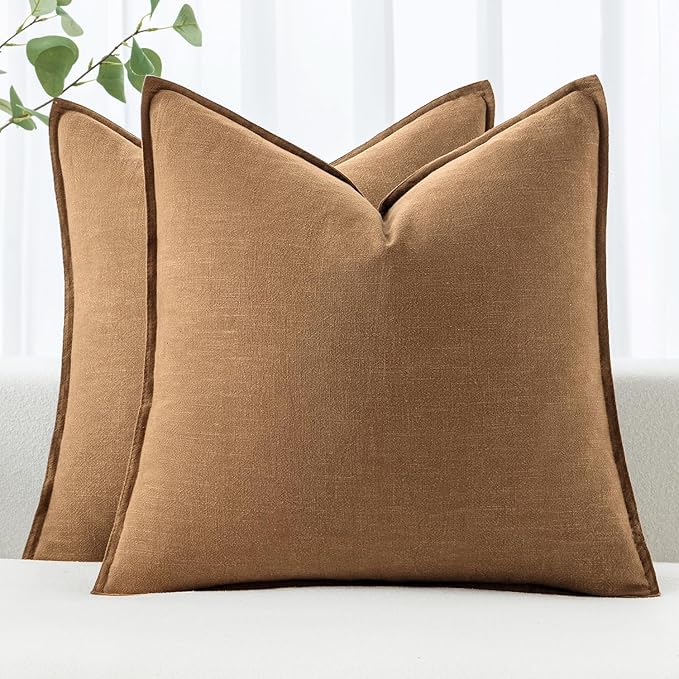 MIULEE Decorative Linen Euro Sham Pillow Covers 24x24 Brown Boho Farmhouse Neutral Couch Throw Pillows for Bed Pack of 2 Accent Modern Pillowcase Sofa Livingroom Home Decor