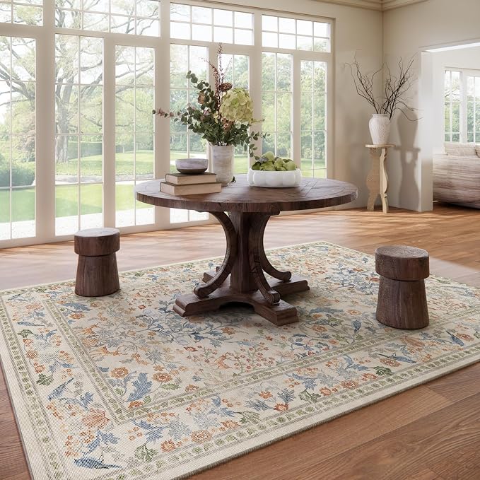 9x12 Area Rugs for Living Room: Washable Bedroom Rug Vintage Area Rug Stain Resistant Non Slip Low Pile Lightweight Soft Carpets for Dining Room Kitchen Nursery Kids Room Farmhouse