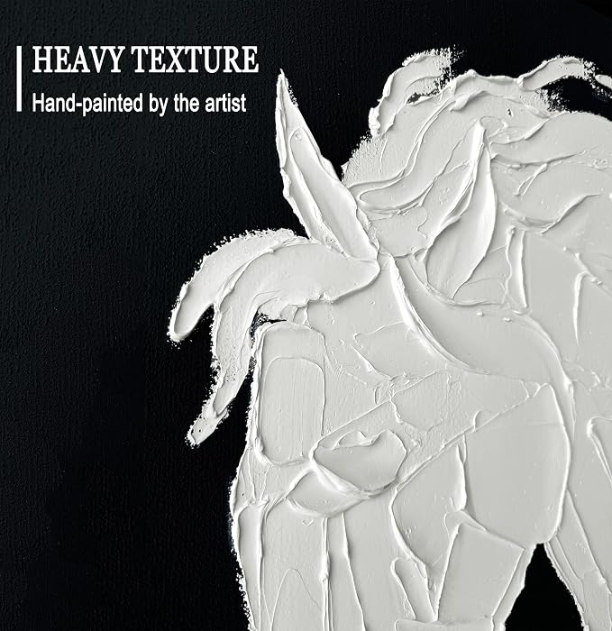 Sofoney - Black Framed Black and White Textured Wall Art Hand Painted 3D Plaster White Horse Oil Painting Modern Minimalist Canvas Wall Decor for Living Room Bedroom - 24"x32"
