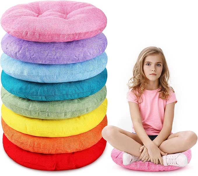 Fumete 8 Pcs 16 Inch Floor Cushions Pillow for Kids Bulk Classroom Round Flexible Seating Floor Cushions for Students Home Daycare School Reading Corner Yoga Meditation Picnic (Classic Rainbow)