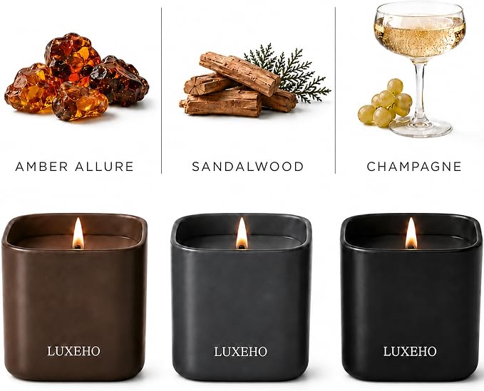 Luxury Scented Candle Set 3-Pack | Home Decor & Giftable Soy Candles | Champagne, Sandalwood & Amber | 75h Burn Time | Cotton Wick | Elegant Decorative Jars