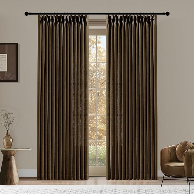 Chocolate Pinch Pleated Linen Curtains 84 Inches Long for Living Room, Light Filtering Pleat Drapes Textured Thick Memory Trained Semi-Sheer Curtain with Hooks for Bedroom Dining Room, 2 Panels
