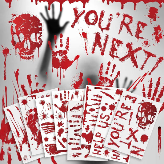 PartyGarden Halloween Decorations - 8 Sheet 86 Pcs Halloween Bloody Handprint Footprint Window Clings Wall Decal Floor Stickers for Inside Outside Home Door Scary Party Décor