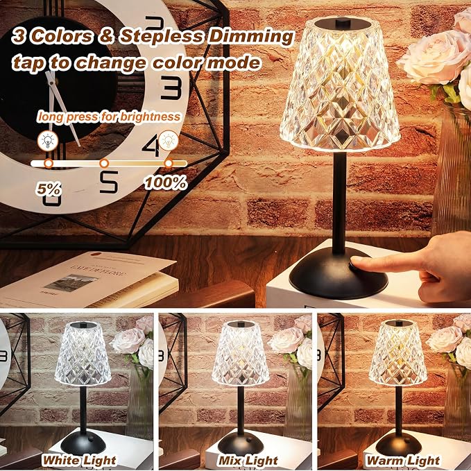 Liliful 2 Pcs Cordless Table Lamp Rechargeable Touch LED Small Gold Portable Battery Operated USB-c Desk Lamp 3 Color Dimmable for Bedroom Living Room Dining (Black,Diamond Style)