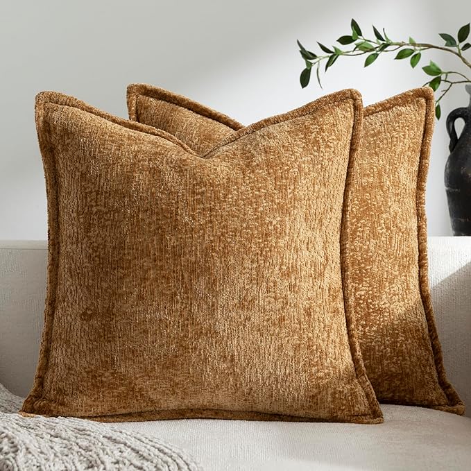 DEZENE Pack of 2 Golden Brown Decorative Throw Pillow Covers 16x16 Cozy Soft Chenille Accent Vintage Square Couch Pillow Covers for Home Decor Bed Sofa Living Room
