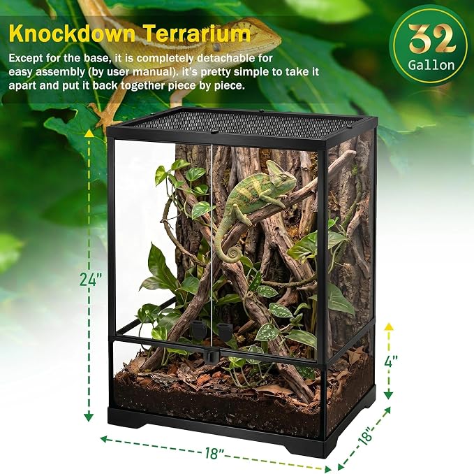 18"x18"x24" Reptile Terrarium, Aluminum-Frame Glass Vivarium for Small Arboreal Reptiles Such as Small Chameleons, with Lock, Cable Port, Waterproof Deep Base