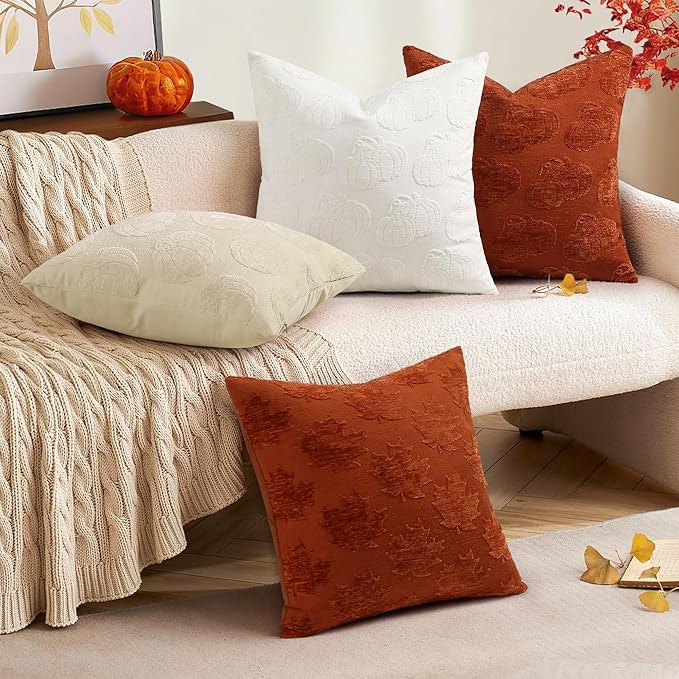 decorUhome Decorative Two Cream White Pumpkins Thanksgiving Throw Pillow Covers 18x18 Set of 2, Soft Chenille Jacquard Farmhouse Textured Pillow Covers for Couch Sofa Autumn Harvest Halloween Holiday