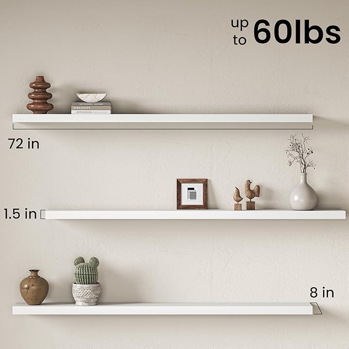 Fun Memories 72 Inch Floating Shelves for Wall, 8 Inch Deep Wall Mounted Wood Shelves with Invisible Brackets for Bathroom, Bedroom & Kitchen Storage Decor, White, 2 Pack