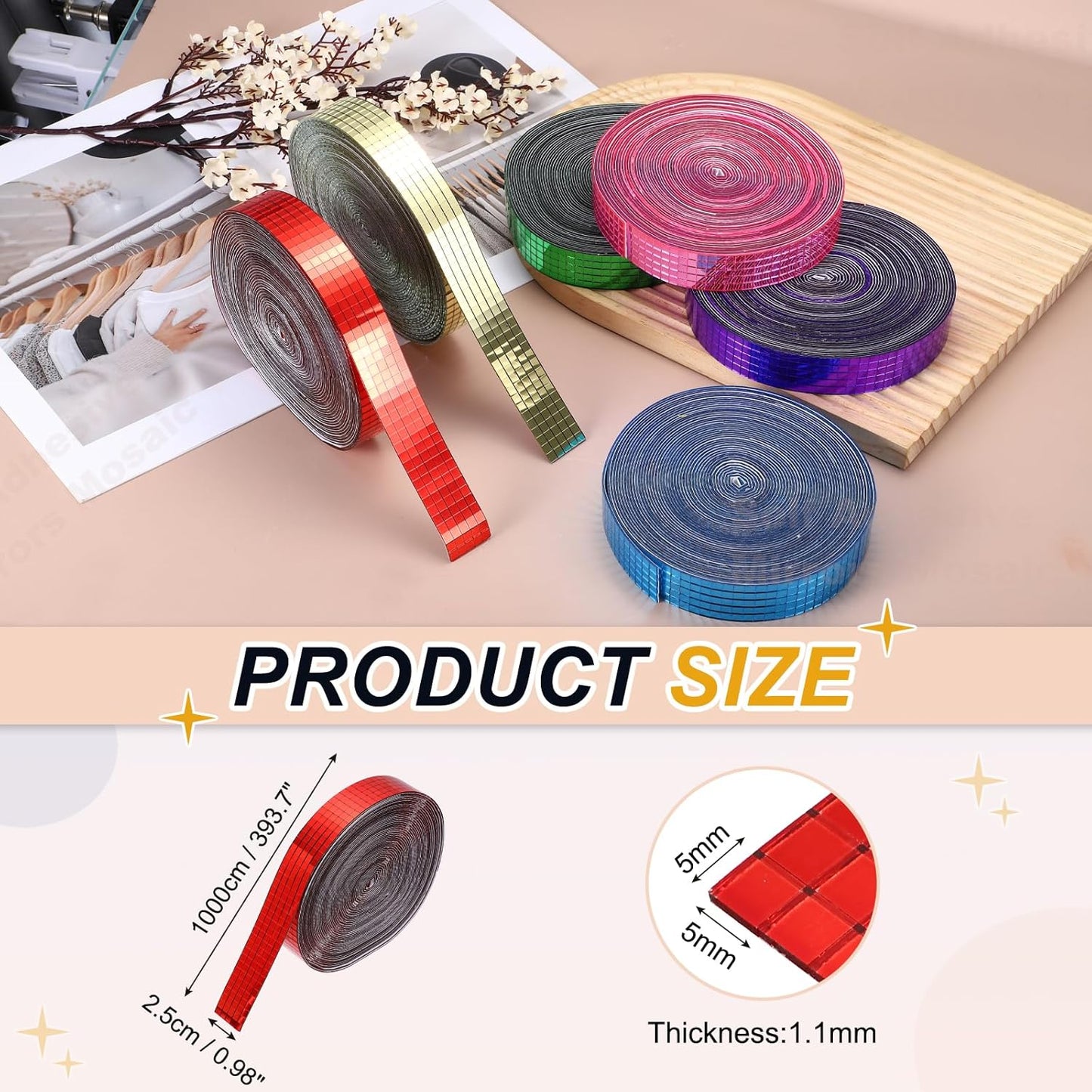 PATIKIL 5x5mm Self Adhesive Mirrors Mosaic Tiles, 10000 Pcs Square Mini Glass Mosaic Disco Tile Sticker for DIY Craft Disco Ball Party Decoration, Red