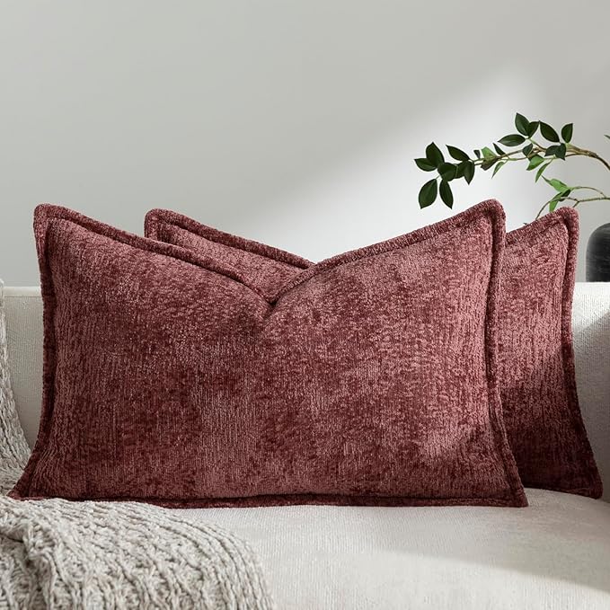 DEZENE Pack of 2 Christmas Burgundy Fall Decorative Throw Pillow Covers 12x20 Cozy Soft Chenille Accent Vintage Rectangular Lumbar Couch Pillow Covers for Home Decor Bed Sofa Living Room