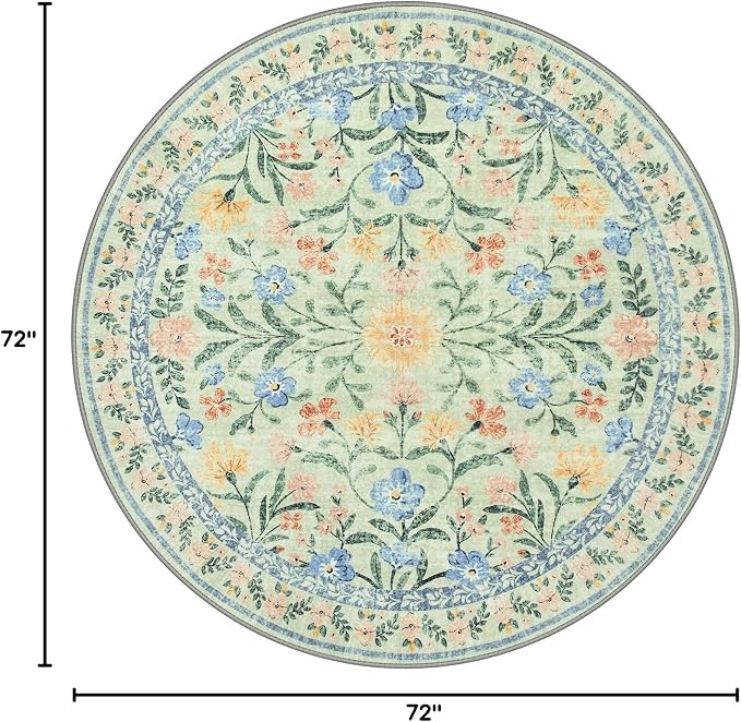Wonnitar Washable Floral Round Rug, 6ft Sage Green Round Area Rugs for Bedroom Nursery, Boho Non-Slip Indoor Large Circle Carpets for Dining Room Living Room Kids Playroom