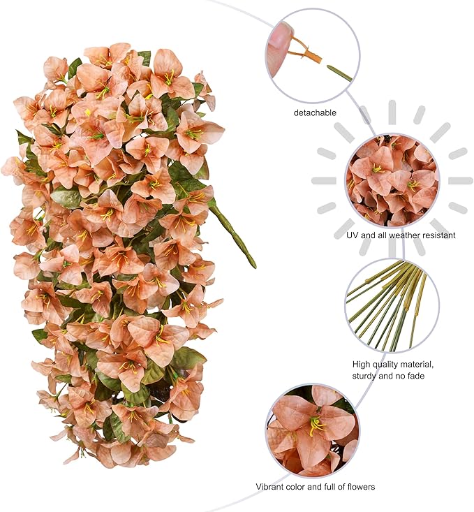 HyeFlora Bougainvillea Artificial Hanging Flowers Plants for Outdoors Decoration, 2pcs Faux Bougainvillea Vines Brown Fake Flowers Realistic UV Resistant Silk Flowers for Outside Planter Yard Porch