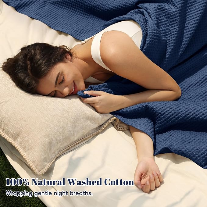 PHF Pre-Washed 100% Cotton Waffle Weave Blanket Twin Size for Bed,Snag Proof Throw Blanket for Couch Spring Summer Lightweight Breathable,Machine Washable, Home Decor Gift - Navy Blue/Bright Blue