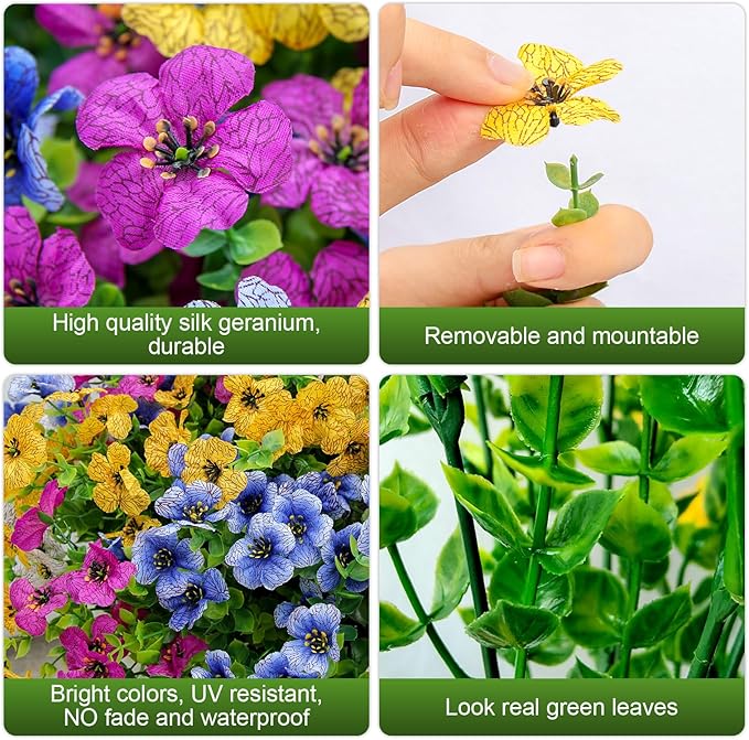 Artificial Fake Flowers for Outdoor UV Resistant,16 Bundles Silk Outside Plants Decoration for Hanging Planters, Daisy Eucalyptus Faux Flower Spring Summer Garden Yard Patio Balcony Home
