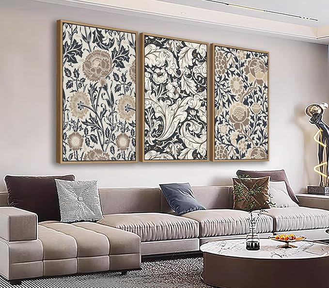 Large Flowers Wall Art for Living Room Natural Wood Float Framed Art Set of 3 William Morris Floral Canvas Pictures Vintage Artwork Botanical Canvas Poster Prints for Bedroom Wall Decor 16"X24"X3