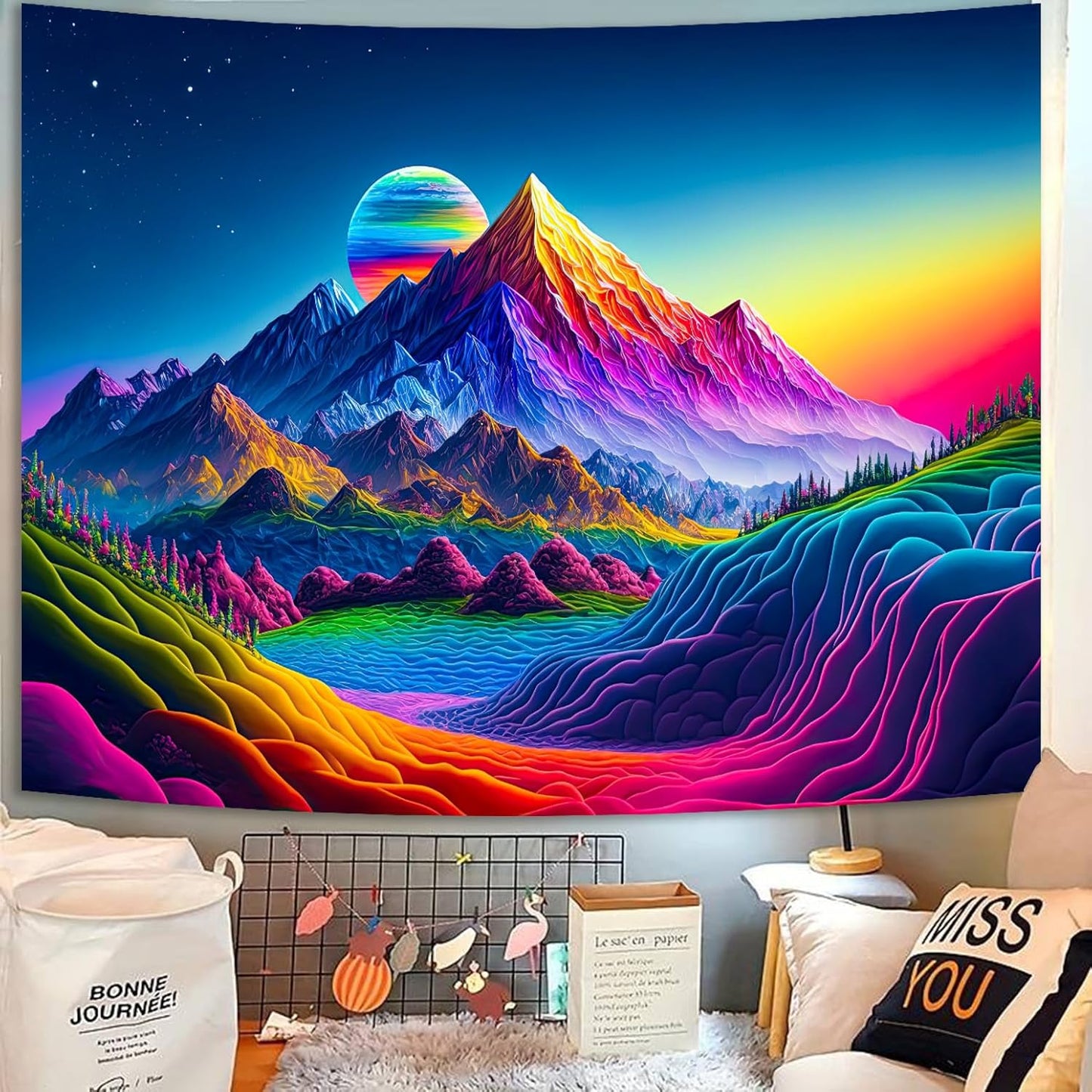 SparkLia Sunset Mountain Tapestry, Blacklight Colorful Forest Lake UV Reactive Tapestry, Neon Glow in the Dark Starry Stars Nature Landscape Wall Hanging Tapestries for Bedroom - 51.2" x 59.1"