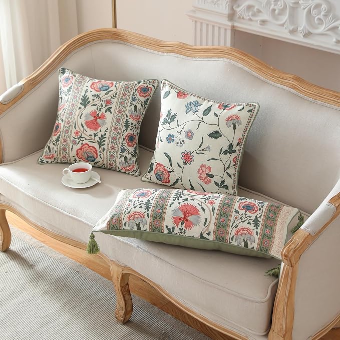 ISAENNE Designer Linen Throw Pillow Cover,Set of 2,18"x18"-Daffy B | Vintage French Elegant Square Pillow Cover,Concealed Zipper Design,Floral Pattern,Sofa,Bedroom,Living Room,Lounge Chairs