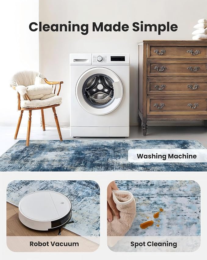 AMADA HOMEFURNISHING 5x7 Area Rugs for Living Room, Modern Abstract Washable Rug Neutral Soft with Non-Slip Backing & Low Pile Kids Rug for Resistant, Bedroom, Nursery Home Office, Navy Blue