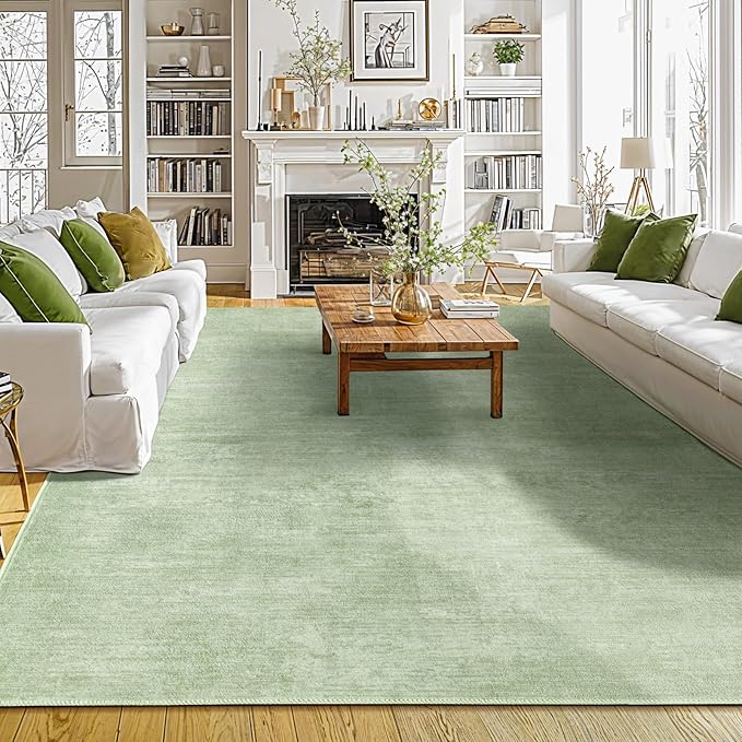 8x10 Washable Area Rug, Green Solid Area Rugs for Living Room & Bedroom | Stain-resistant & Non-slip backing,Low Pile Washable Large Carpet, Solid Vintage Style For High Traffic Areas(8x10,Green)