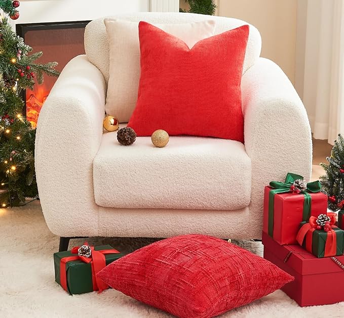 Pack of 4 Christmas Red Pillow Covers 20x20 Inch Chenille Throw Pillow Covers Solid Decorative Soft Xmas Cushion Covers Home Boho Textured Decor for Couch Sofa Bed Living Room
