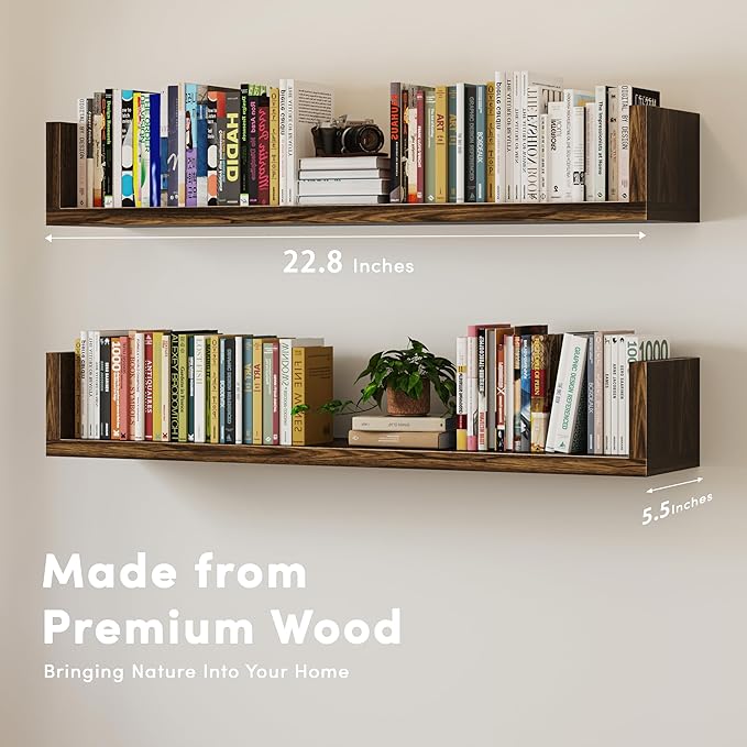 Wall Bookshelf, Set of 4, U Shaped Floating Bookshelf, Hanging Bookshelves for Wall, Wall Mounted Shelves for Living Room Bedroom Office (Brown, 23.6 Inches, 4)