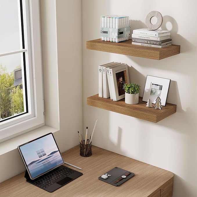 Dreamland 20Inch Walnut Floating Shelves 6.7" Deep Wall Mounted Set of 2 | Wall shelves for bathroom, bedroom, Living Room, kitchen, deep wall mount wood storage display for home decor 20" x 6.7"