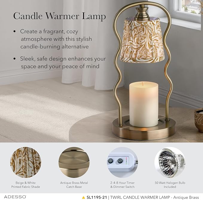 Candle Warmer Lamp – Flameless Candle Melter with Adjustable Timer & Dimmable Light, Bulb Included, Antique Brass Base & Beige Floral Printed Shade, for Home, Dorm, or Office