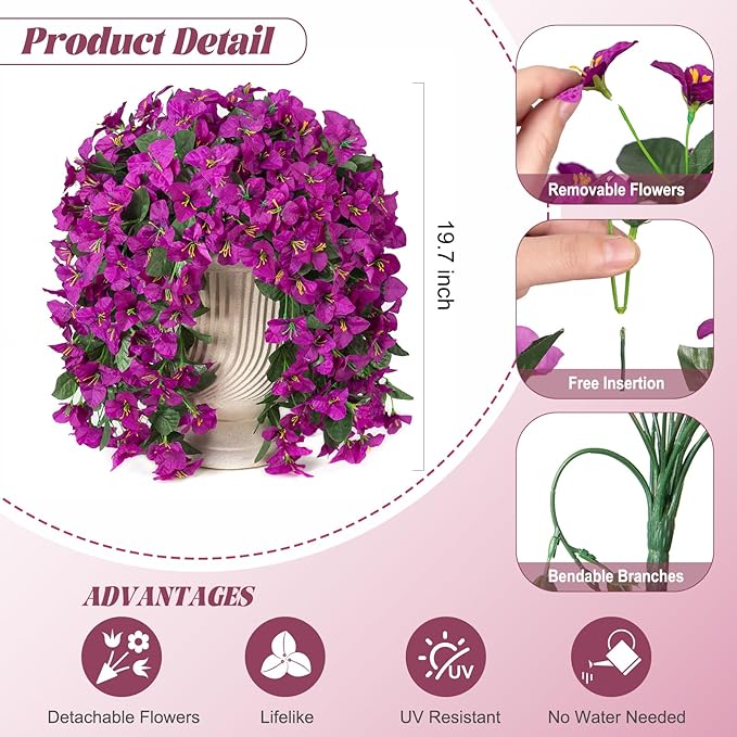 INXUGAO 2 pcs Artificial Faux Bougainvillea Flowers Plants for Outdoor Outside Summer Decoration, Fake Silk UV Resistant Long Trailing Vines for Front Door Porch Planter Balcony (Purple Deep Lotus)