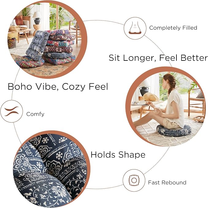 Codi Meditation Floor Pillow, Boho Pillows Seating for Adults and Teens, Large Cushion for Yoga Living Room Tatami Sitting, Memory Foam Added, 22x22 Inch Pack of 2, Round - Indigo Elephant
