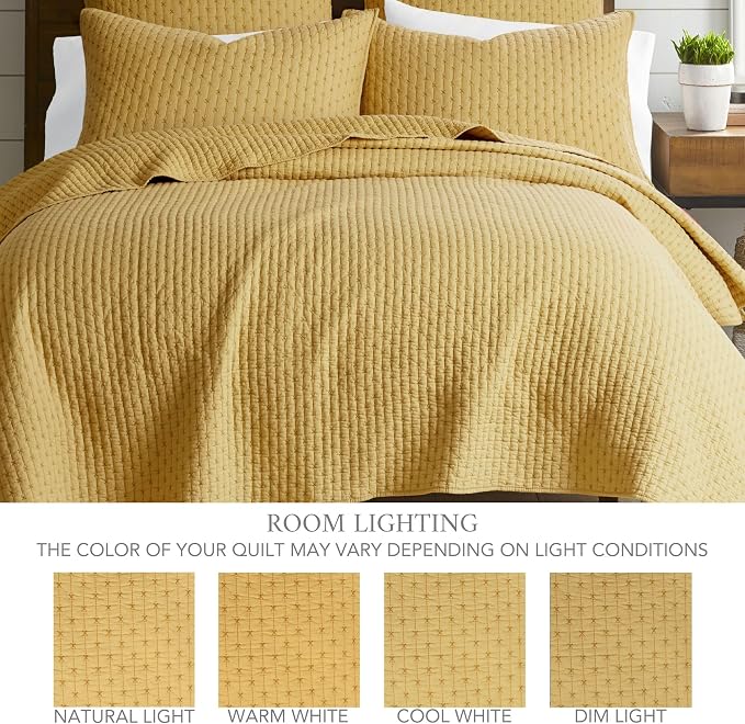 Levtex Home Cross Stitch Reversible Twin Bedspread Set (84x104in) with 1 Pillow Sham (26x20in) - Stitch Texture - Ochre - Cotton Twin Size Bedspread Set - Lightweight, Soft, Pre-Washed