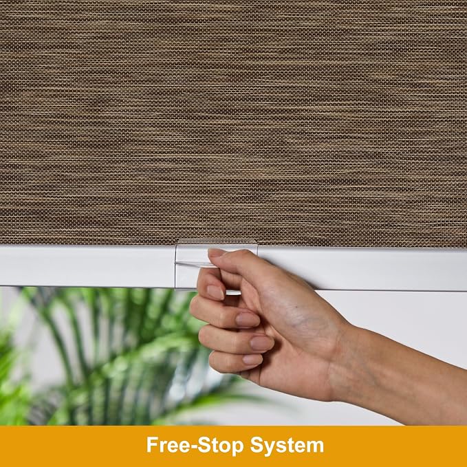 Persilux Free-Stop Cordless 100% Blackout Roller Blinds for Indoor Windows, Natural Woven Fabric UV Protection Privacy Thermal Insulated Roller Shades for Windows, Home, Office, Brown 33" W x 72" H