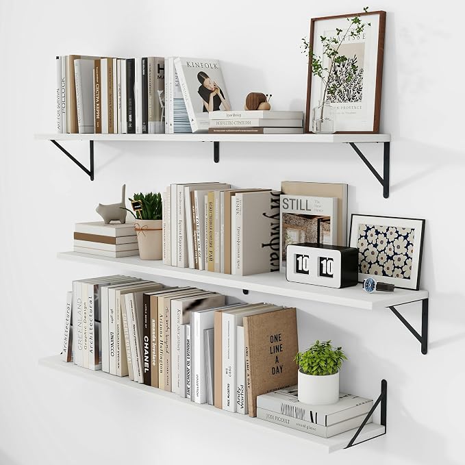 Vivelove White Deep Floating Shelves for Wall, 48W x 8D Wood Wall Shelves Set of 3, Wide Floating Bookshelf for Living Room, Kitchen, Office, Bedroom and Decor Storage, with Black Bracket - White