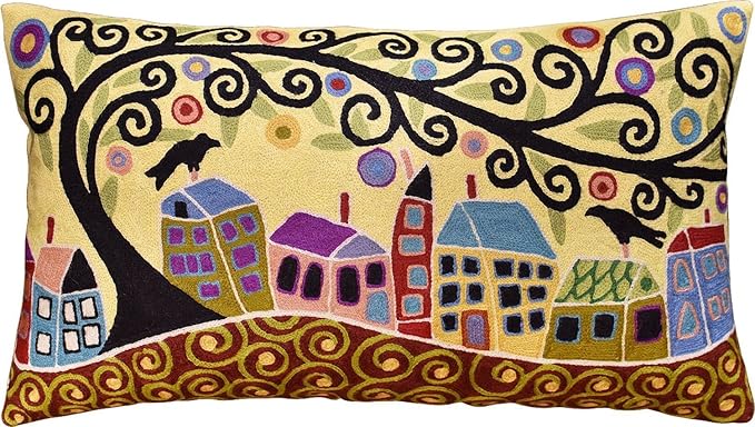Yellow Tree of Life Pillow Cover | Karla Gerard Floral Pillows | Floral Couch Cushion | Kids Room Pillowcase | Gold Plant Toss Pillows | Hand Embroidered Cushions Wool Size - 14x24