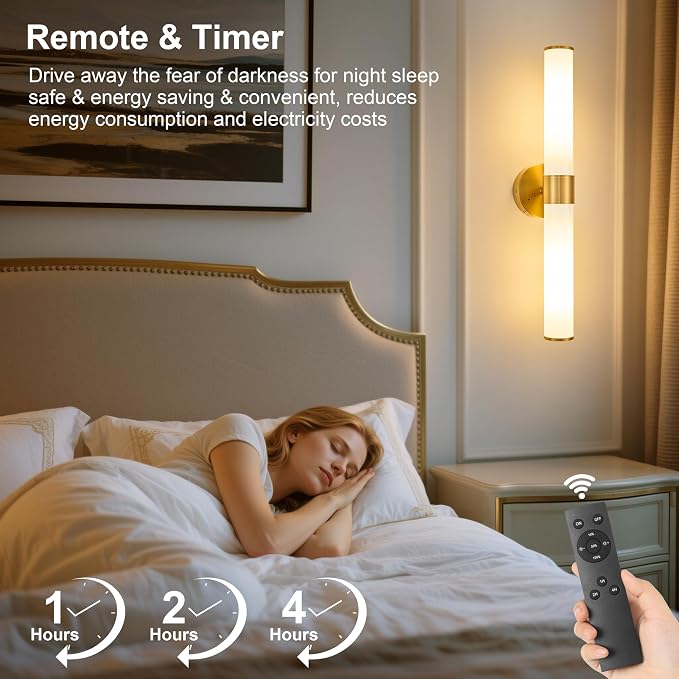 Morauroral Gold Battery Operated Wall Sconces Set of 2, Rechargeable Wall Lights with Remote Control, 20 Inch Modern Wireless Wall Lamp for Bedroom, Living Room (Bulbs Included)