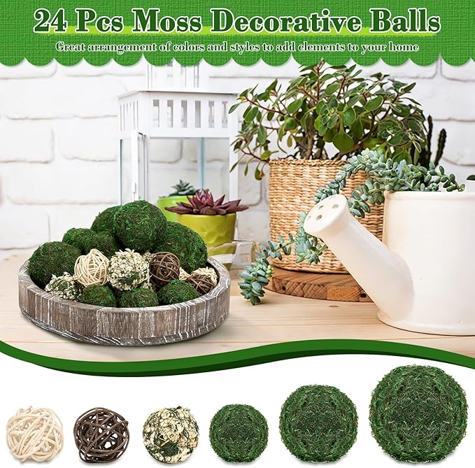 Lezmarket 24 Pcs Decorative Moss Balls for Centerpiece Bowls - Assorted Sizes Fake Moss Balls+Wicker Rattan Balls+Flower Balls, Artificial Greenery Vase Fillers for Home Garden Farmhouse Rustic Decor