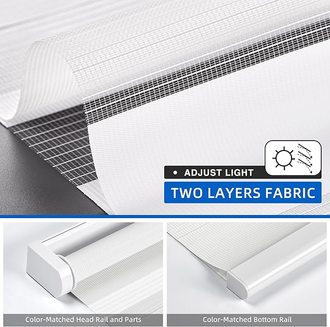 LazBlinds Cordless French Door Blinds, No Drill Roll Up Zebra Blinds, Light Control Day and Night Sheer Shades for Front Patio Sidelight Glass, 37.7'' W x 78'' L, White