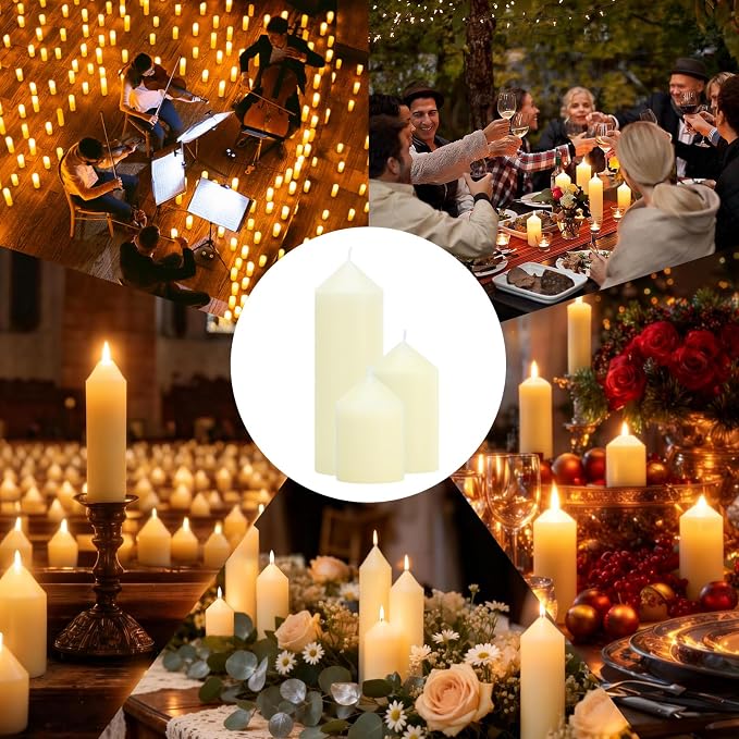 72 Pcs Ivory Pillar Candles Bulk Set，3 Different Lengths 2 x 3/6/8 Inch (24 Each)，Hurricane Candles，Dripless Unscented Smokeless，Gives You a Better Atmosphere When Organizing an Event Party.