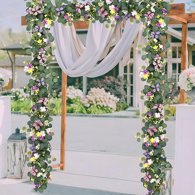 Waipfaru 2Pcs Eucalyptus Garland with Daisy 3D Butterfly, Green Garland with Flowers, 5.9FT Artificial Faux Eucalyptus Leaves Vines for Table Mantle Home Wedding Party Indoor Outdoor Decor